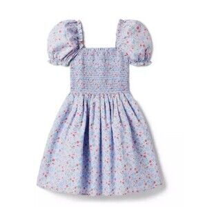 Janie and Jack Girls Sz 8 Blue Floral Grace Smocked Dress Puff Sleeves